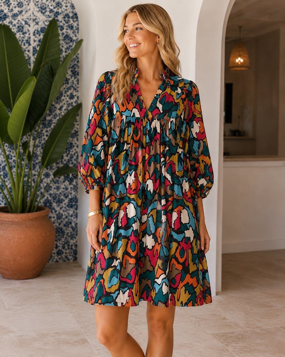 Emily McCarthy Hampton Mini Dress Painterly Abstract Print Large Babydoll Arsty
